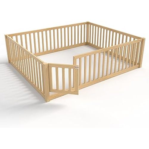 Bellemave Queen Size Montessori Floor Bed with 23.5" High Rails, Pine,Plywood Floor Bed with Small Door, Natural