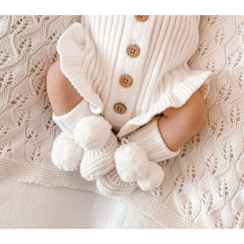 Knitted Pom Pom Baby Booties - Milk | Little B's Nursery
