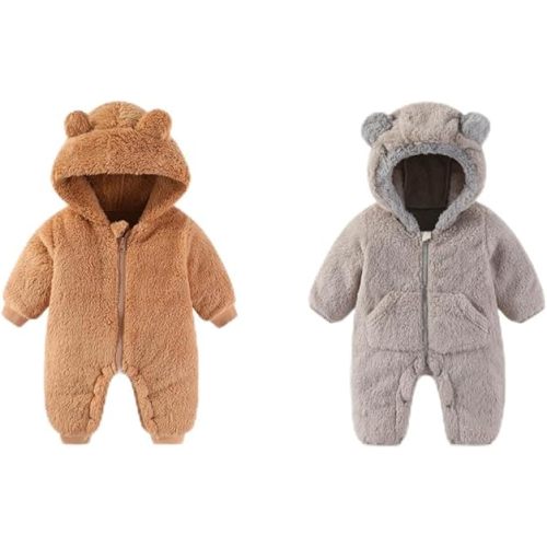 0-3 Months Newborn Baby Bear Outfit Suit Girls Boys Winter Fleece Clothes Hooded Romper Snowsuit With Fold-Over Mittens Footies