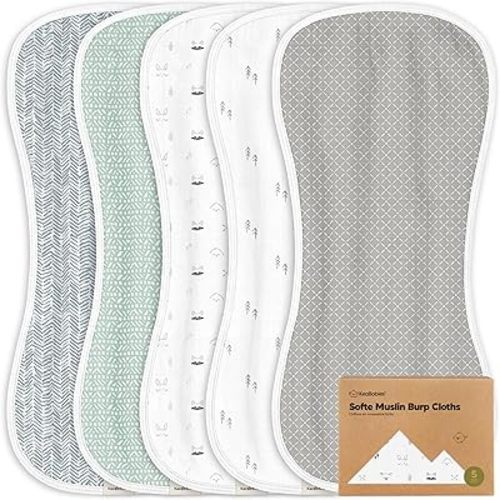 5-Pack Muslin Burp Cloths Baby Boy, Girl - Very Absorbent Baby Burp Cloth Rags, 8-Layers Viscose Derived from Bamboo Cotton Muslin Towel, Super Soft Spit Up Rags, No Shrink Washcloths (Nordic)