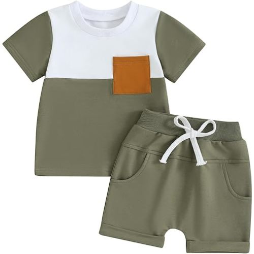 Sejardin Toddler Baby Boy Summer Clothes Plaid Patchwork Short Sleeve T Shirt Tops and Stretch Shorts Infant Boy Outfit