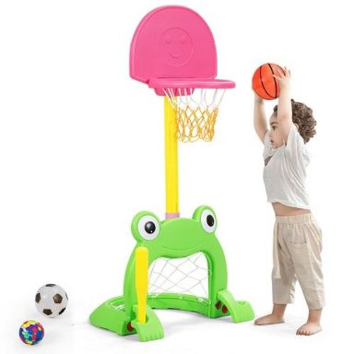 Costway 3-in-1 Kids Basketball Hoop Set Adjustable Sports Activity Center w/Balls Green and Pink