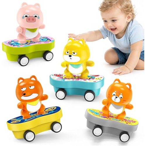 Pull Back Cars Toys for Toddlers 1-3, 4 Pack Push Go Animal Car Skateboard