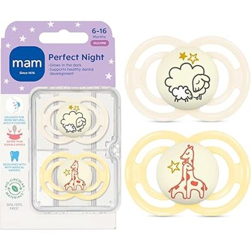MAM Perfect Baby Pacifier 6-16 Months, Extra Thin Nipple, Developed with Orthodontists, Clinically Proven, Glows in The Dark, BPA-Free Silicone, Pack of 2, Made in Europe