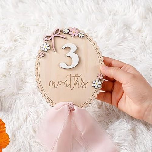 Baby Monthly Milestone Wooden Sign with Numbers & Stand, Natural Wood Month Marker Board for Newborn Growth Photos, Cute Floral Photo Prop (Pink Bow)