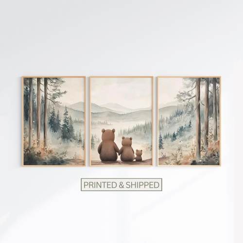 Bear Family of 3 Prints, Woodland Forest Animals Nursery Decor, Family Portrait Mailed Art