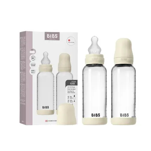 Bibs Glass Bottle Complete Set 240ml Silicone - Ivory, 2 pack | Baby Bunting AU