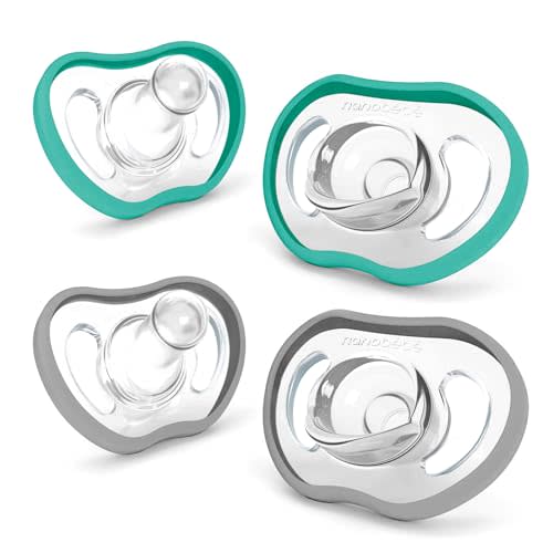 Nanobebe Active Baby Pacifiers 4-36 Months - Orthodontic, Lightweight and Vented, Curves Comfortably with Face Contour, 100% Silicone - BPA Free, Perfect Baby Registry Gift 4pk, Teal/Grey