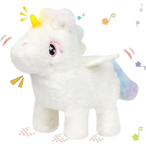 Hopearl Walking Unicorn with Glowing Horn Interactive Electronic Pet Plush Unicorn Toy with Sounds and Movements Animated Gift for Toddlers Birthday, White, 7''