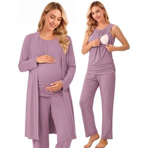 Women 3PCS Maternity Robe Sets Nursing Pajamas Postpartum Breastfeeding Pjs