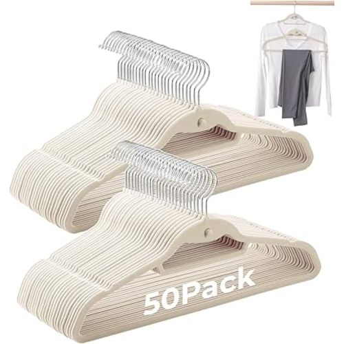 Ivory Velvet Hangers 50 Pack, Felt Covered Non Slip Fabric with Stackable Cascading Hook, Ultra Thin and Space Saving with 360° Swivel Neck, 15Lbs Capacity for Clothes, Suit, Shirt, Coat