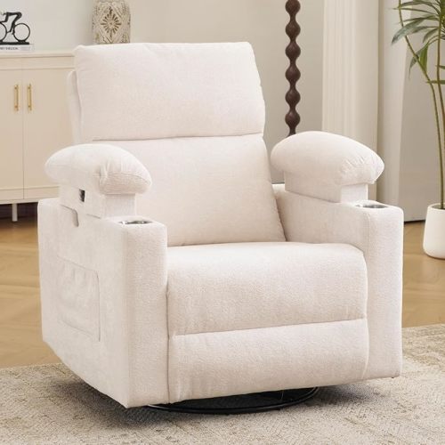 Rocking Chair Nursery with Adjustable Armrests, Electric Glider Recliner Nursing Chair for Breastfeeding, Power Swivel Recliner Chairs with Massage and Heat, Adjustable Headrest , FSC Certified, White