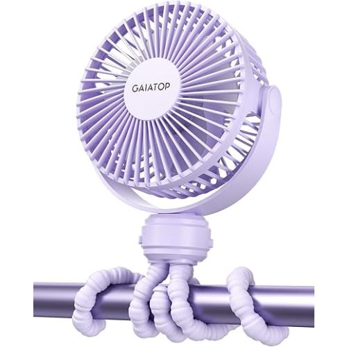 Gaiatop Mini Electric Fan with 360 Rotation, 5.5mm Gaps, Rechargeable Battery, 3 Speeds, Purple | 360° Rotate Flexible Tripod, Battery Operated Detachable, Cooling for Car Seat Crib Treadmill Travel Purple