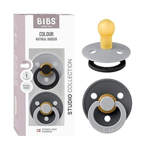 BIBS Colour Studio Pacifier 2-Pack, BPA Free, Round Nipple. Natural Rubber Latex, Made in Denmark, Size 1 (0-6 Months) - Cloud/Iron