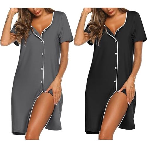Ekouaer Nightgowns for Women 2 Pack Button Down Sleepshirt Short Sleeve Nightshirt Soft Sleepwear V Neck Pajama Dress