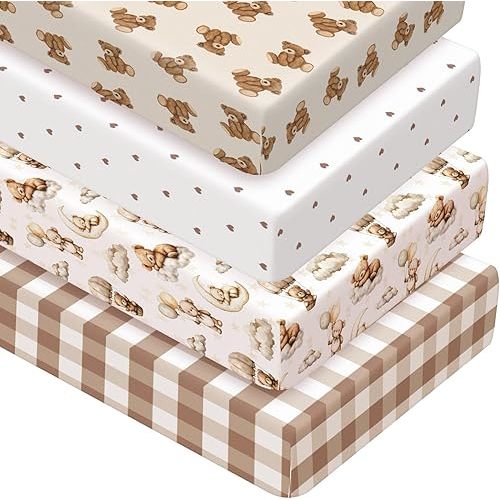 Peryiter 4 Pack Crib Sheets Girl Soft Baby Bed Sheet Set 52'' x 28" Nursery Crib Sheets for Standard Bed for Nursery Decor Baby Boys or Girls(Brown,Bear)