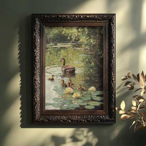 Mother Duck | Cottagecore Prints, Farmhouse Decor, Spring Home Decor, Moody Nature Wall Art, Vintage Painting Aesthetic, Lily & Ducklings