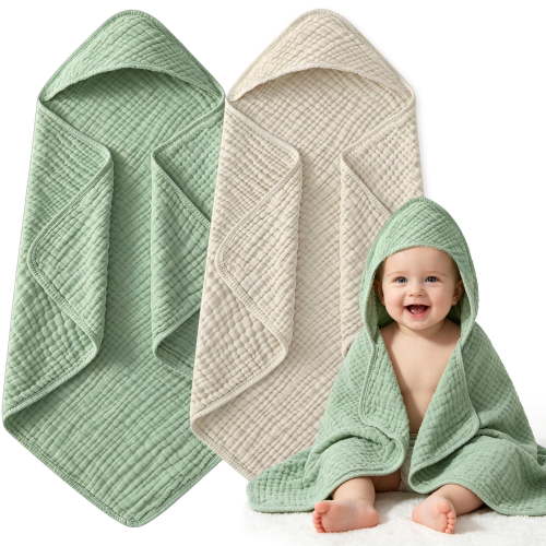 Qissep Hooded Baby Towels for Newborn, 100% Muslin Organic Cotton Baby Bath Towel with Hood for Babies, Infant, Toddler and Kids,Soft and Absorbent Newborn Essential, 2 Pack, 32x32inch, Khaki & Green