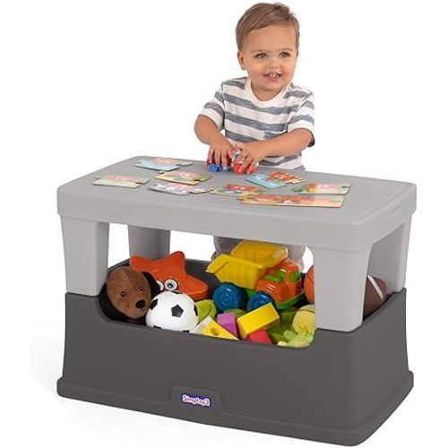 Simplay3 Play Around Toy Box Table – Multipurpose Kids Toy Box and Toddler Play Table for Toys, Art Supplies, Crafts – Durable, Plastic Large Toy Box, Made in USA (Gray/Gray)