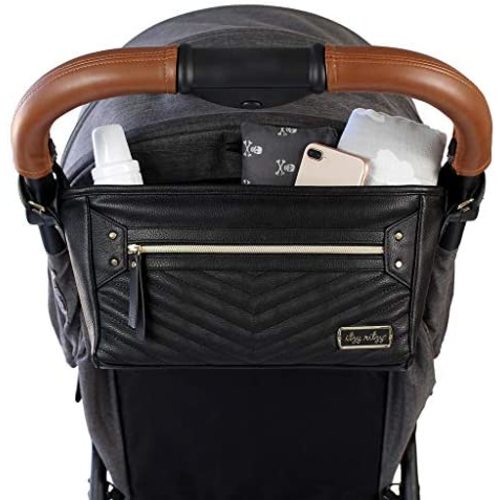 Itzy Ritzy Adjustable Stroller Caddy - Stroller Organizer Featuring Two Built-in Pockets, Front Zippered Pocket & Adjustable Straps to Fit Nearly Any Stroller, Black with Gold Hardware