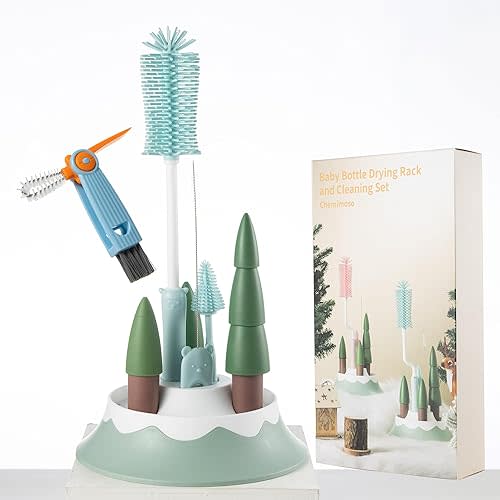 Chemimoso Baby Bottle Drying Rack and Cleaning Set, with Straight Silicone Baby Bottle Brush, Pacifier Brush, Straw Brush, Cup Lid Cleaning Brush, 2025 Xmas Holiday Surprise Gift for Newmom, Z Blue