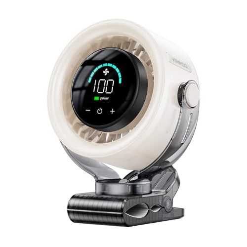 KIMMOO 4000mAh Rechargeable Portable Clip on Fan-100-Speed Touch Control, LED Display, 360° Rotate Quiet Turbo Desk Fan, Small Battery Operated USB Fan for Stroller Bed Travel Camping Golf Gym (White)