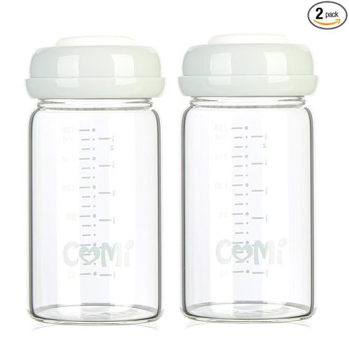 COMI Wide Neck Glass Breastmilk Collection n Storage Bottle, 6oz with Screw Ring Sealing Disk; Re-markable Sealing Disc. BPA Free, Fits Breast Pumps & Nipples (2 Pack Gray Lids)