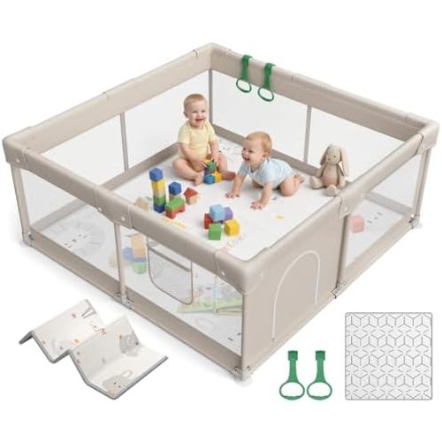 47x47in Baby Playpen with mat, Play Yard for Babies Toddlers, Grey