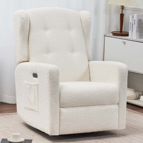 Power Swivel Rocking Recliner Chair, Electric Rocker Nursery Glider Chair, USB and Type-C Ports, Upholstered Teddy Fabric Reclining Single Sofa Chair for Living Room (Teddy Beige)