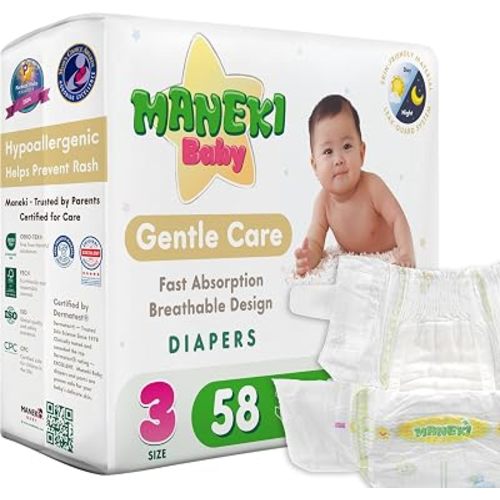 MANEKI Baby Diapers, Size 3 (12–24 lbs), 58 Count – Hypoallergenic, Fragrance-Free & Breathable, Up to 12-Hour Leak Protection for Sensitive Skin