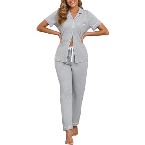 Veseacky 100% Cotton Pajamas for Women Set Short Sleeve Button Down Sleepwear Soft 2 Piece Summer Pjs Lounge Sets S-XXL