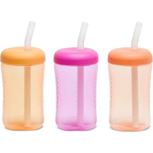 The First Years Squeeze & Sip Toddler Straw Cups - Squeezable Transition Sippy Cup with Silicone Straw - Toddler Feeding Supplies - Yellow/Pink/Orange - 7 Oz - 3 Count - Ages 6 Months and Up