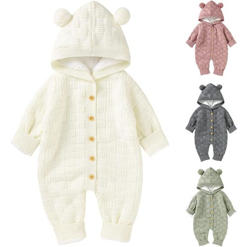 Opewod Infant Knitted Sweater Romper Longsleeve Outfit Fleece Jumpsuit for Baby Boy Girl Clothes