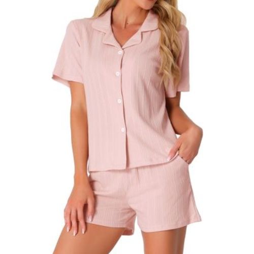 INSPIRE CHIC Women's 2 Pcs Cotton Button Down Notched Collar Short Sleeve Pajamas Set with Pockets Medium Pink