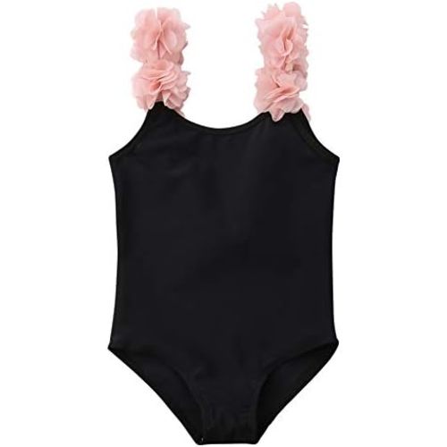 Toddler Kid Girls 3D Flower Straps Backless One-Piece Solid Color Swimsuit Beach Bathing Swimwear, 3 Colors