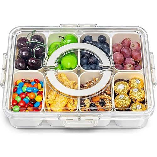 Air-Tight Snackle Box Container –Divided Serving Tray with Lid & Handle–Clear Snack box for Fruits, Candy & Nuts–Portable for Travel & Daily Use (8 Inside Containers Dishwasher Safe)