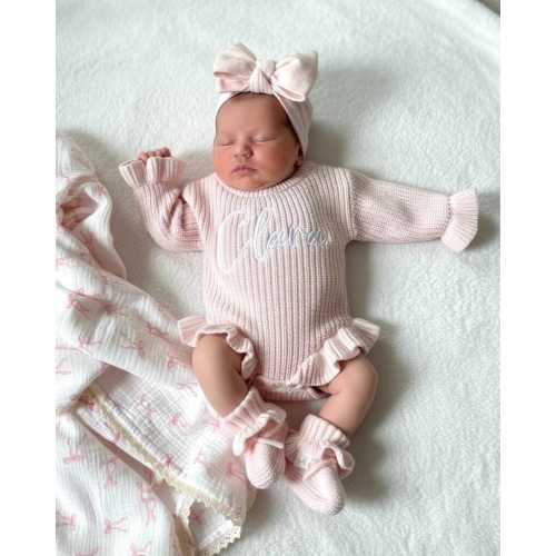 Keepsake Embroidered Knit Ruffle Romper, Personalized Newborn Name Chunky Sweater Romper Baby Girl, Embroidered Newborn Oversized Sweater