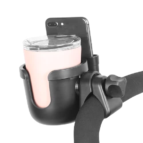 Wheelchair Cup Holder with Phone Holder, 360° Rotatable Adjustable Cup Holder for Walker Stroller Wheelchair Accessories, 2-in-1 Cup Holder Fits Folding & Rolling Walkers Seniors & Elderly