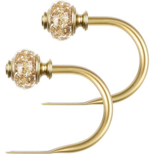 2 Pack Curtain Holdbacks, USFOOK Decorative Window Drapery Tiebacks (2 Pack/1 Pair), Curtain Tie Back Hooks for Wall with Gold Translucent Finials (3.95" L x 3.4" W)