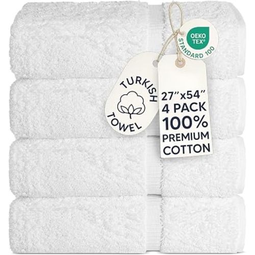 Chakir Turkish Linens 4 Piece Bath Towel Set, 100% Cotton Luxury Turkish Towels for Bathroom, Soft Absorbent Bath Towels, 27 x 54 Inches, White