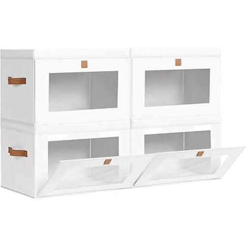 Large Clothing Storage Bins - Collapsible Boxes with Handles & Window, Decorative Organizer Bins with Lids, Fabric Containers for Living Room, Dorm, 4 Pack, White