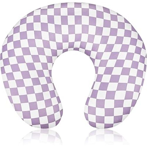 DILIMI Nursing Pillow Cover, Stretchy Removable Case for Breastfeeding Pillows, Ultra Soft Comfortable Slipcover for Baby Girl and Boy, Purple Checkered
