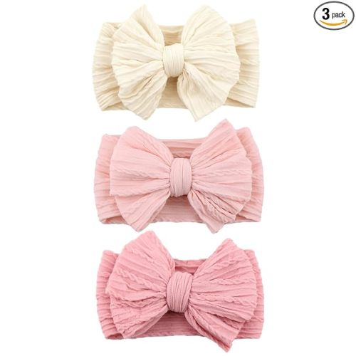 3 Pcs Pink Beige Blush Baby Bows Headbands Soft Nylon Hairbands Super Elastic Headband Hair Accessories For Baby Girls Infant Toddler Essentials Valentine's Day (Pink Beige Blush, Mid)