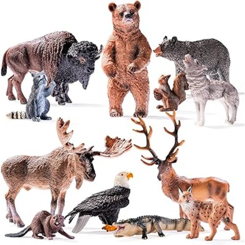 12PCS North American Woodland Animals Figurines Toys, Realistic Jungle Wild Animal Figures Includes Wolf,Bear,Eagle,Raccoon, Cake Toppers Birthday Gift Party Favors Toys for Toddlers Kids