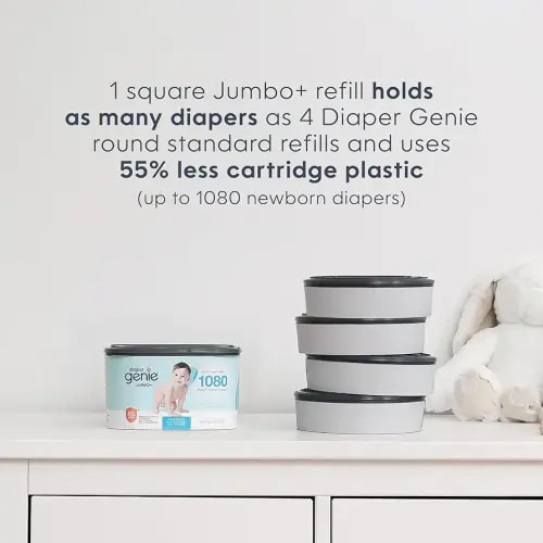 The Diaper Genie Jumbo+ Square Refill, with continuous film, can hold up to 1080 newborn-sized diapers per refill.
