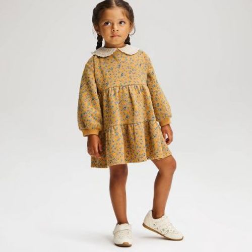 Toddler Girls' Long Sleeve Floral Fleece Tiered Dress - Cat & Jack™ Yellow 3T