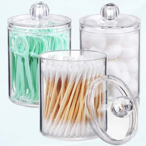 3 Pack Qtip Holder Dispenser for Cotton Balls, Cotton Swabs, Round Cotton Pads, Dental Floss - Clear Plastic Apothecary Jar Set