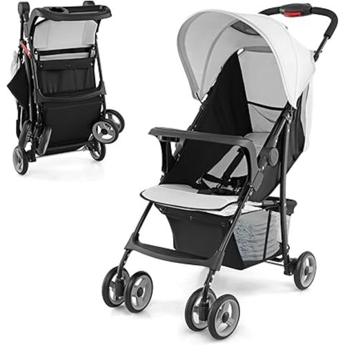 HONEY JOY Lightweight Stroller, Compact Travel Stroller for Airplane, Toddler Fold Pushchair w/Adjustable Canopy & Backrest, Storage Basket, Umbrella Stroller for Infants (Gray)