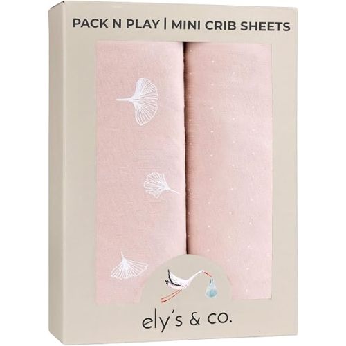 Ely’s & Co. Pack and Play Sheets, for Mini/Portable Crib, 2 Pack Fitted Playpen Play Yard Sheet Set Compatible with Graco Pack n Play, for Baby Girls, 100% Cotton, Pink Gingko Collection, 38”x24”x5”