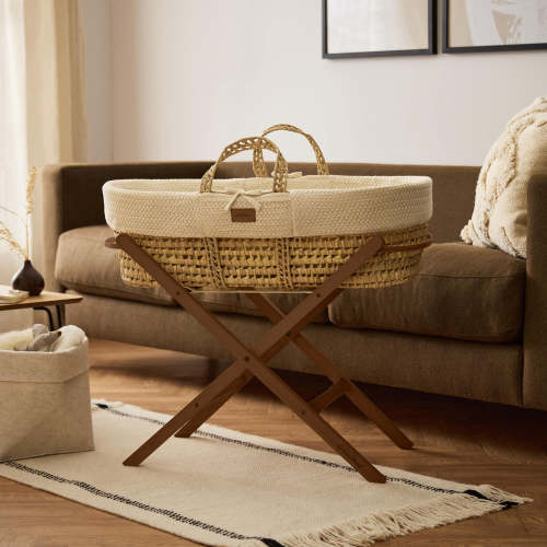 Organic Wheat Knit Moses Baby Basket Bed, Mattress & Stand - Linen ‐ The Little Green Sheep
